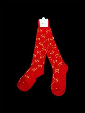 New with Tags Gucci. Red and Yellow Lame Sparkle Knee Hight Socks